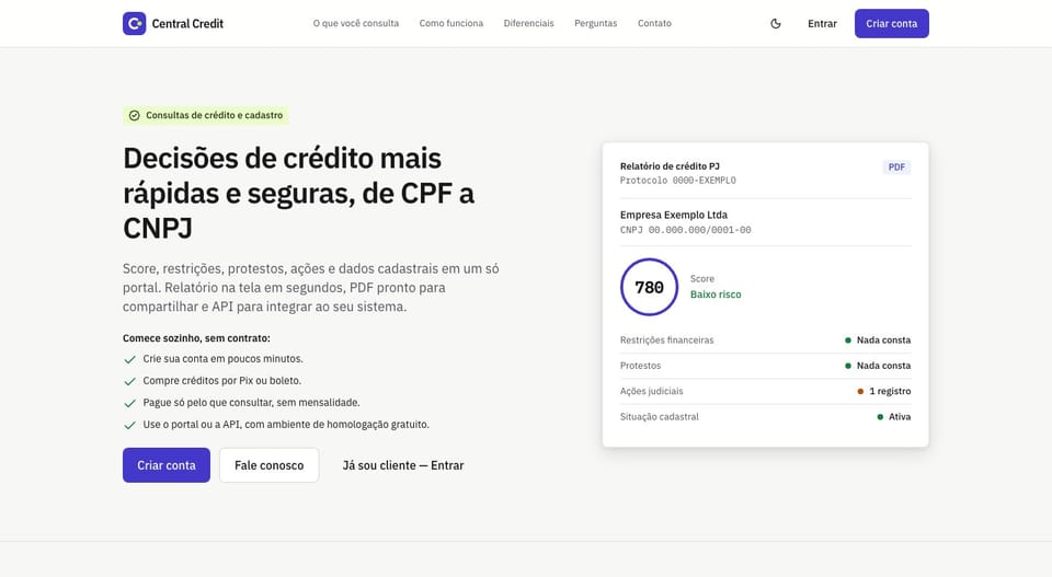 A página inicial do Central Credit